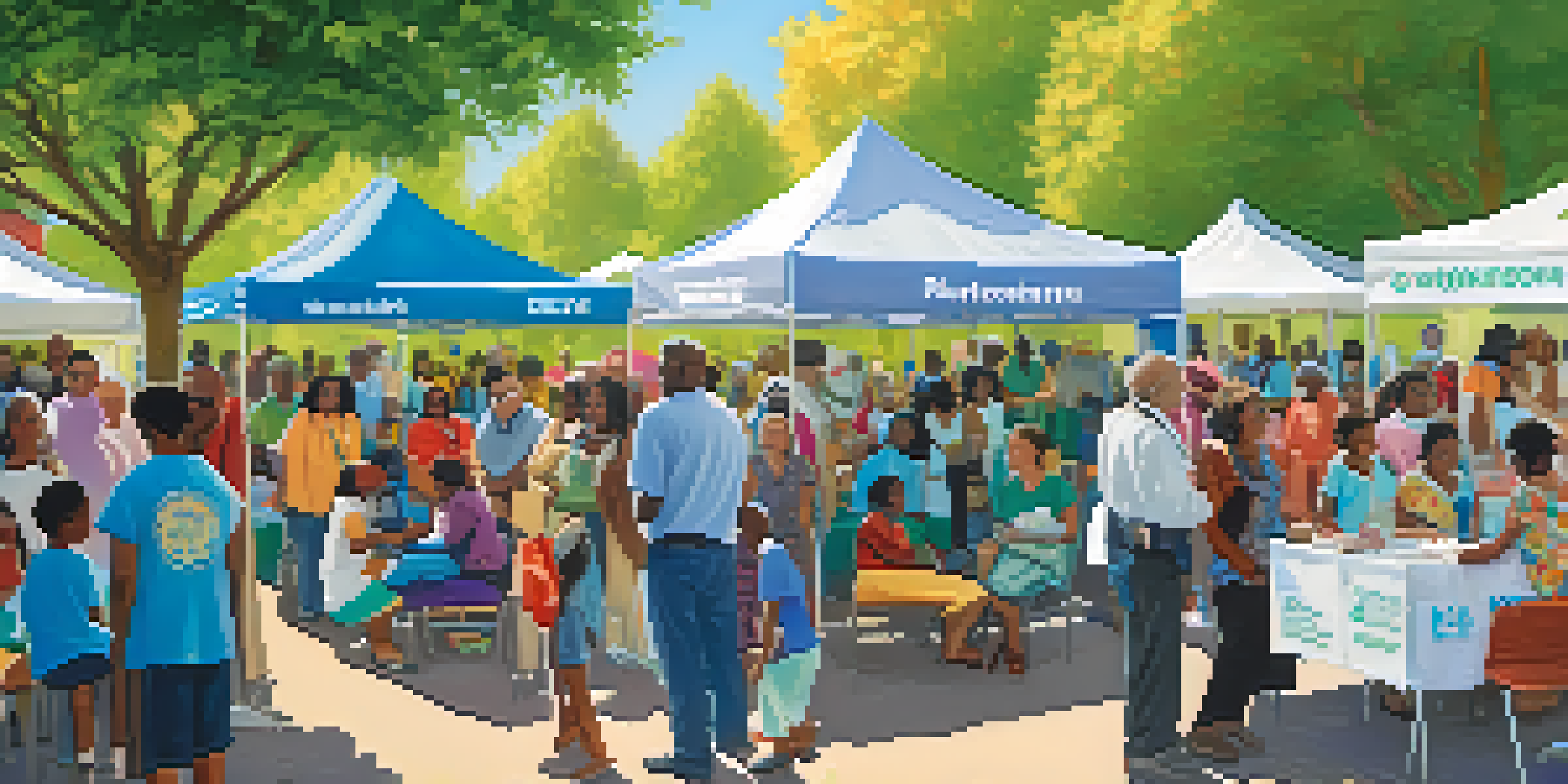 A diverse group of people at a mobile vaccination clinic in a park, with healthcare workers administering vaccines and colorful banners promoting health.