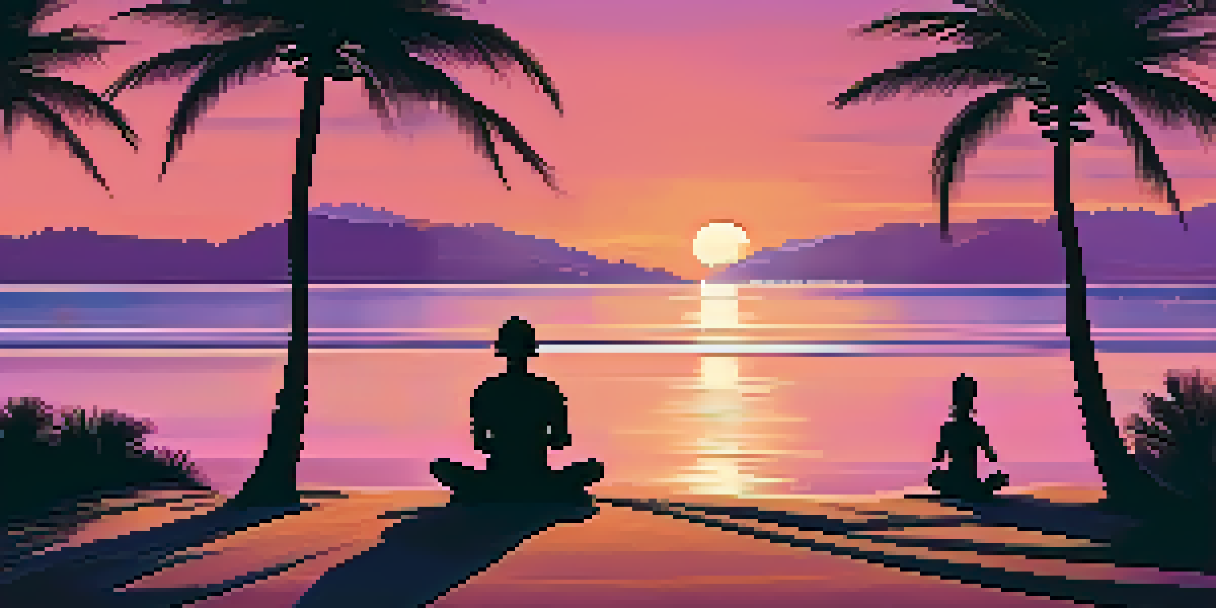 A peaceful beach at sunset with a person practicing mindfulness, surrounded by palm trees.