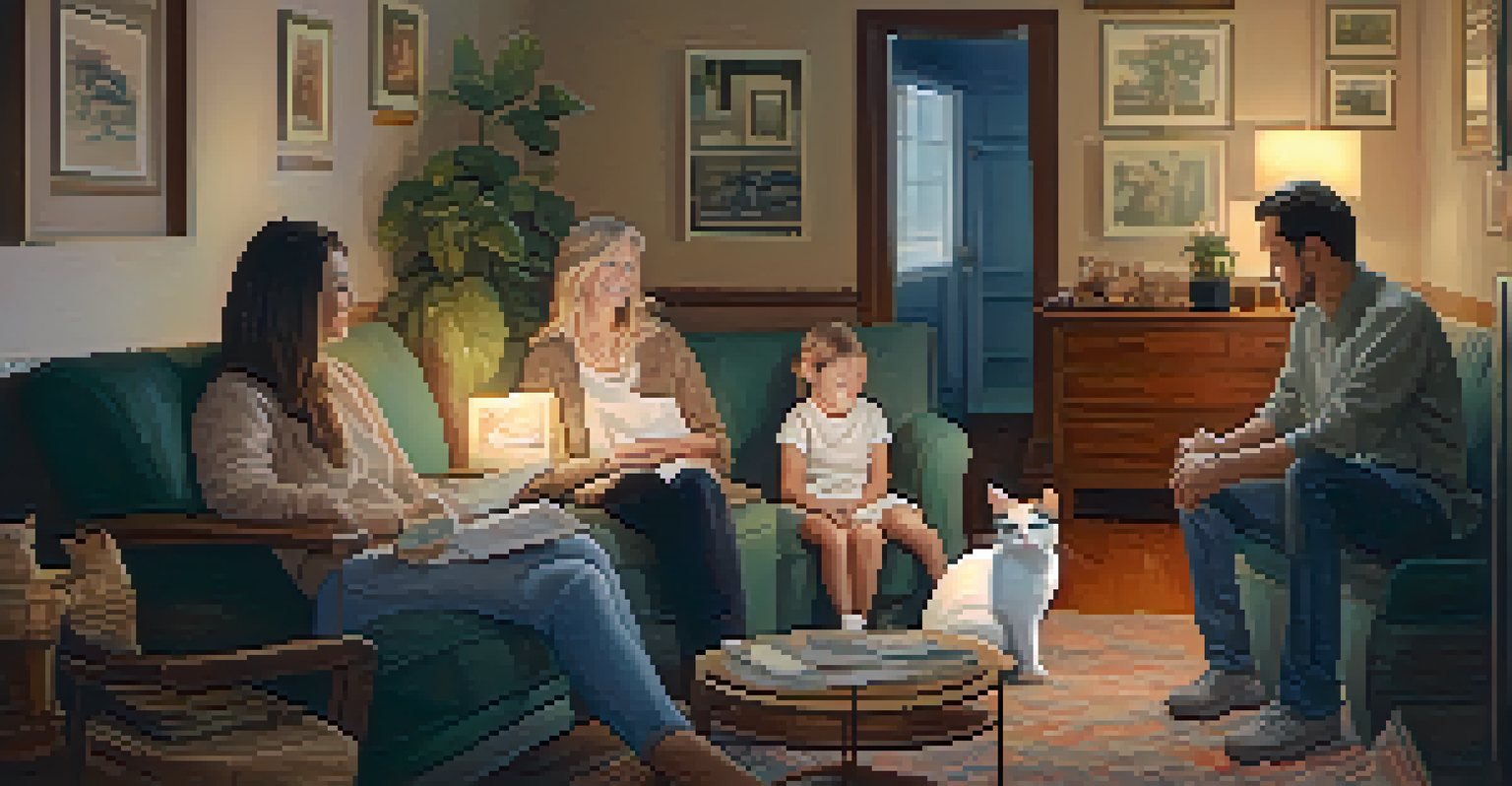 A family sitting close to their loved one in palliative care, with a cat on a lap, in a cozy room filled with family photos.