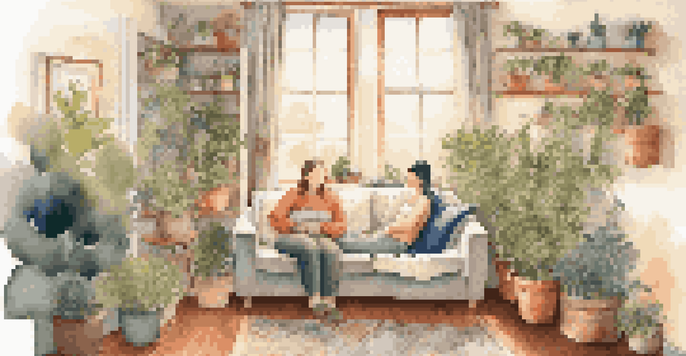 A person resting on a couch in a cozy room, surrounded by blankets, plants, and personal items, with warm light coming through a window.