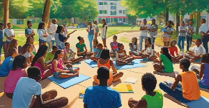 A diverse group of young people participating in a health workshop outdoors, sitting in a circle with notebooks and colorful health posters in a sunny green setting.