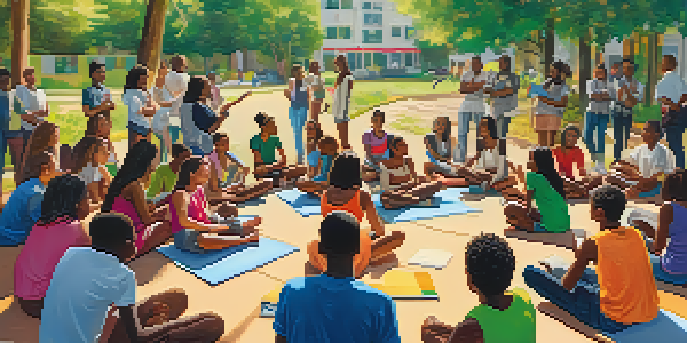 A diverse group of young people participating in a health workshop outdoors, sitting in a circle with notebooks and colorful health posters in a sunny green setting.