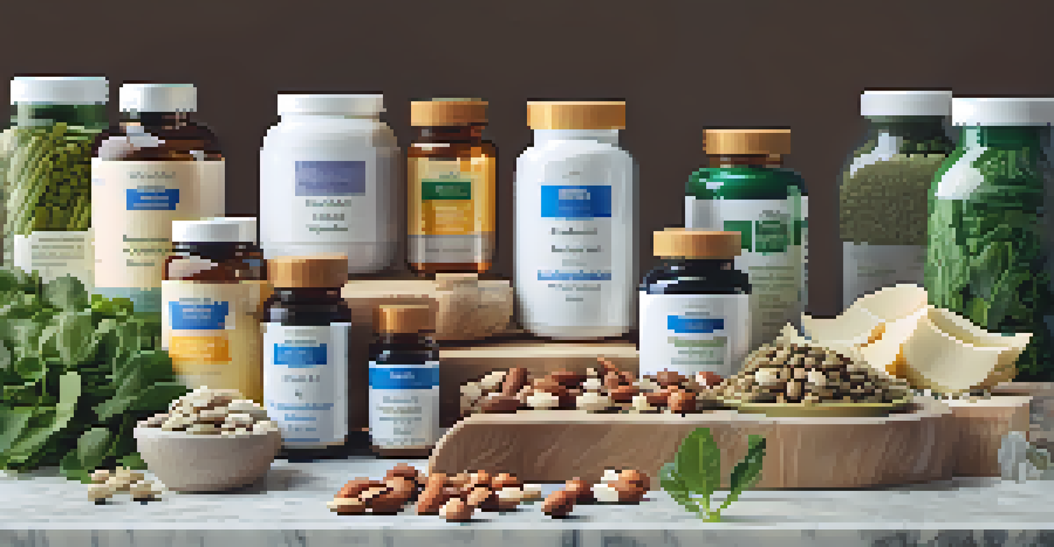 A display of dietary supplements alongside whole foods like nuts and leafy greens on a marble countertop.