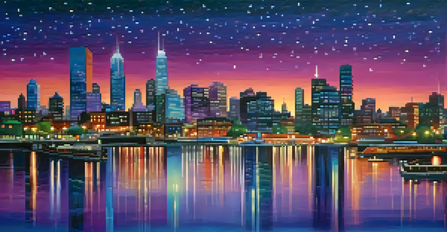 A colorful city skyline at dusk with buildings reflecting on a calm river under a purple sky.