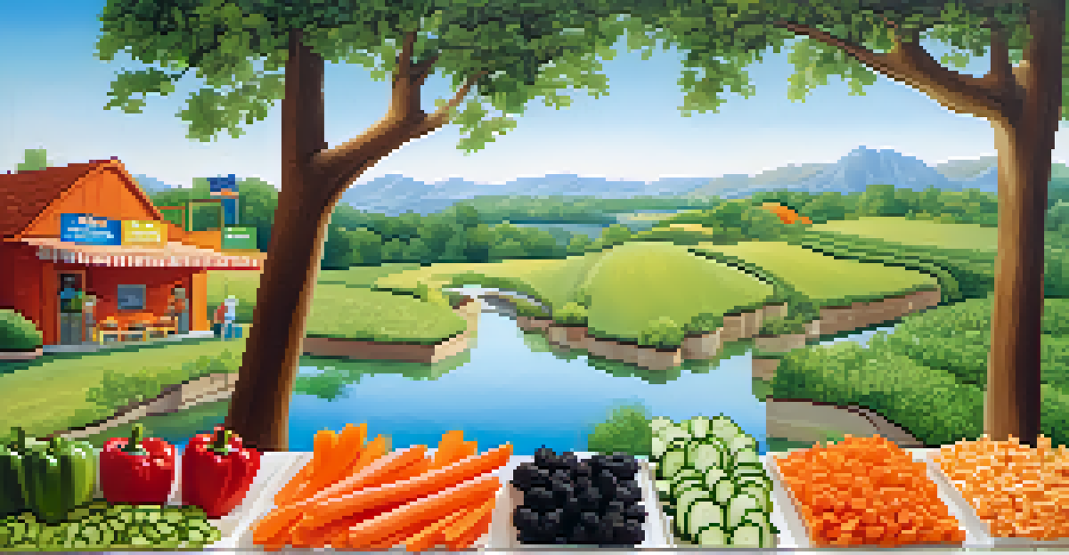 A creative snack art display made from healthy foods, arranged to look like a colorful landscape with carrot sticks and cucumber slices.