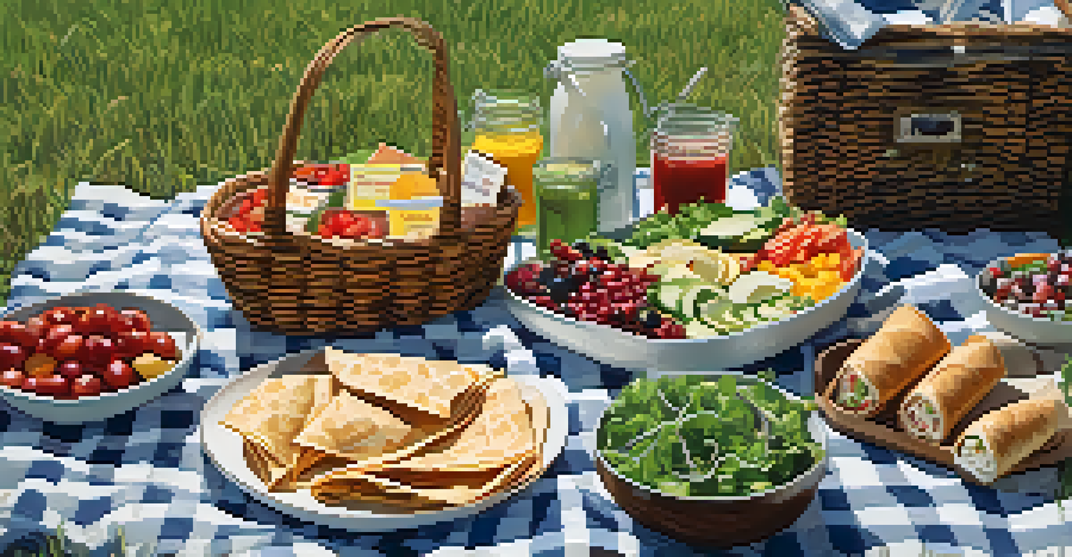 An outdoor picnic with healthy snacks laid out on a checkered blanket on the grass.