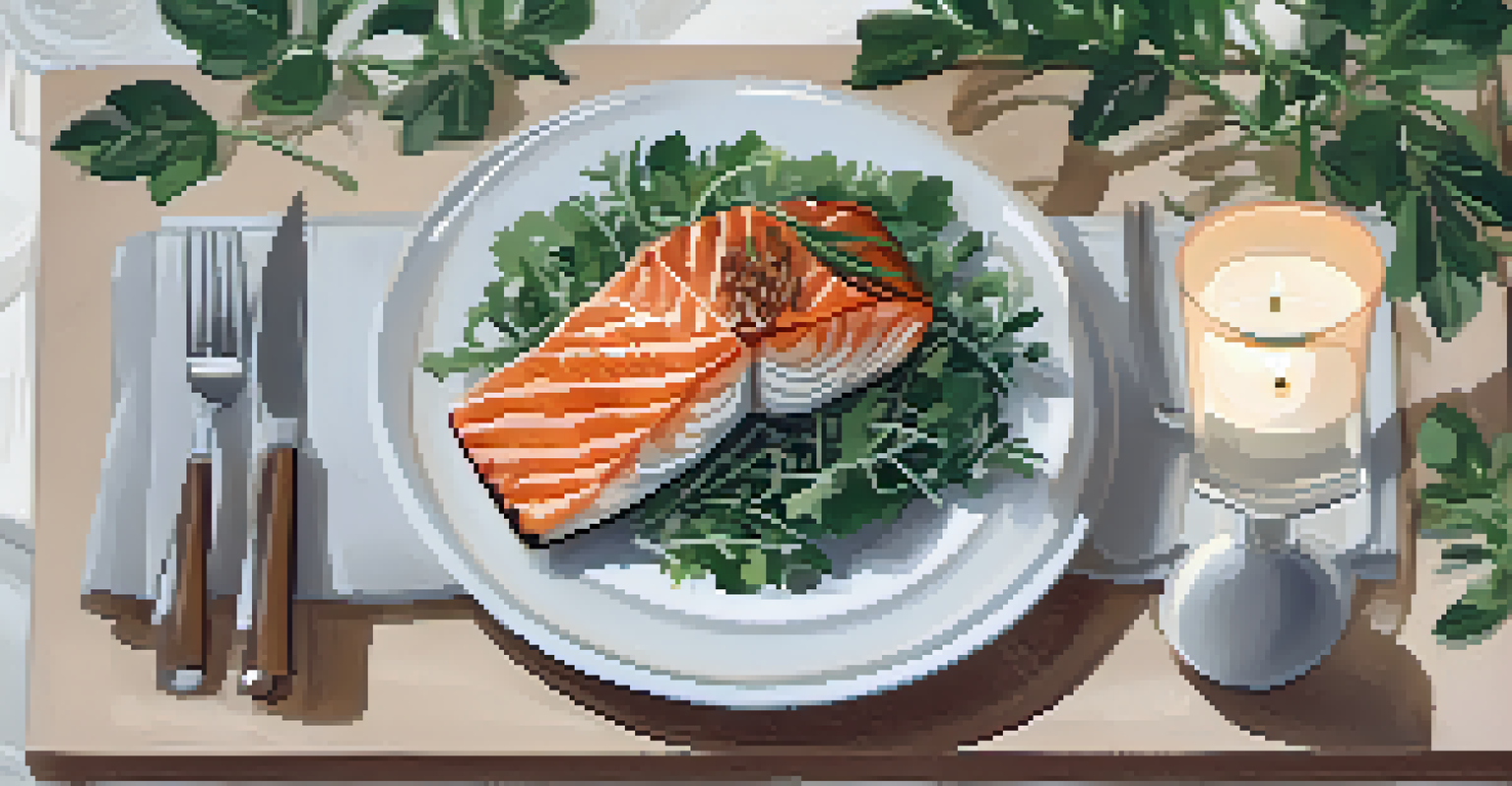 A peaceful dining table with a balanced meal of salmon, quinoa, and greens, illuminated by candlelight.