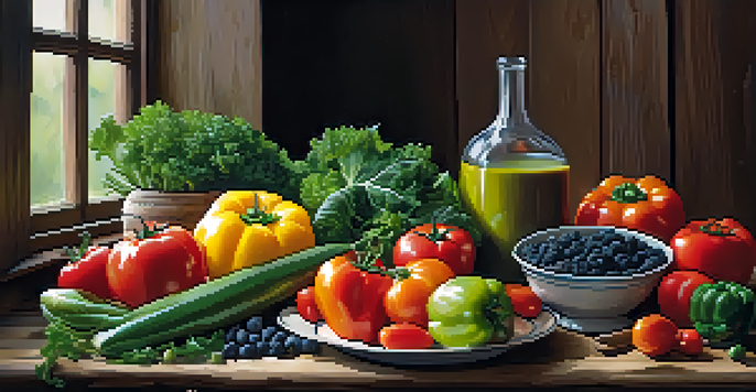 A plate featuring an assortment of colorful whole foods including tomatoes, kale, and bell peppers on a wooden table, illuminated by soft natural light.