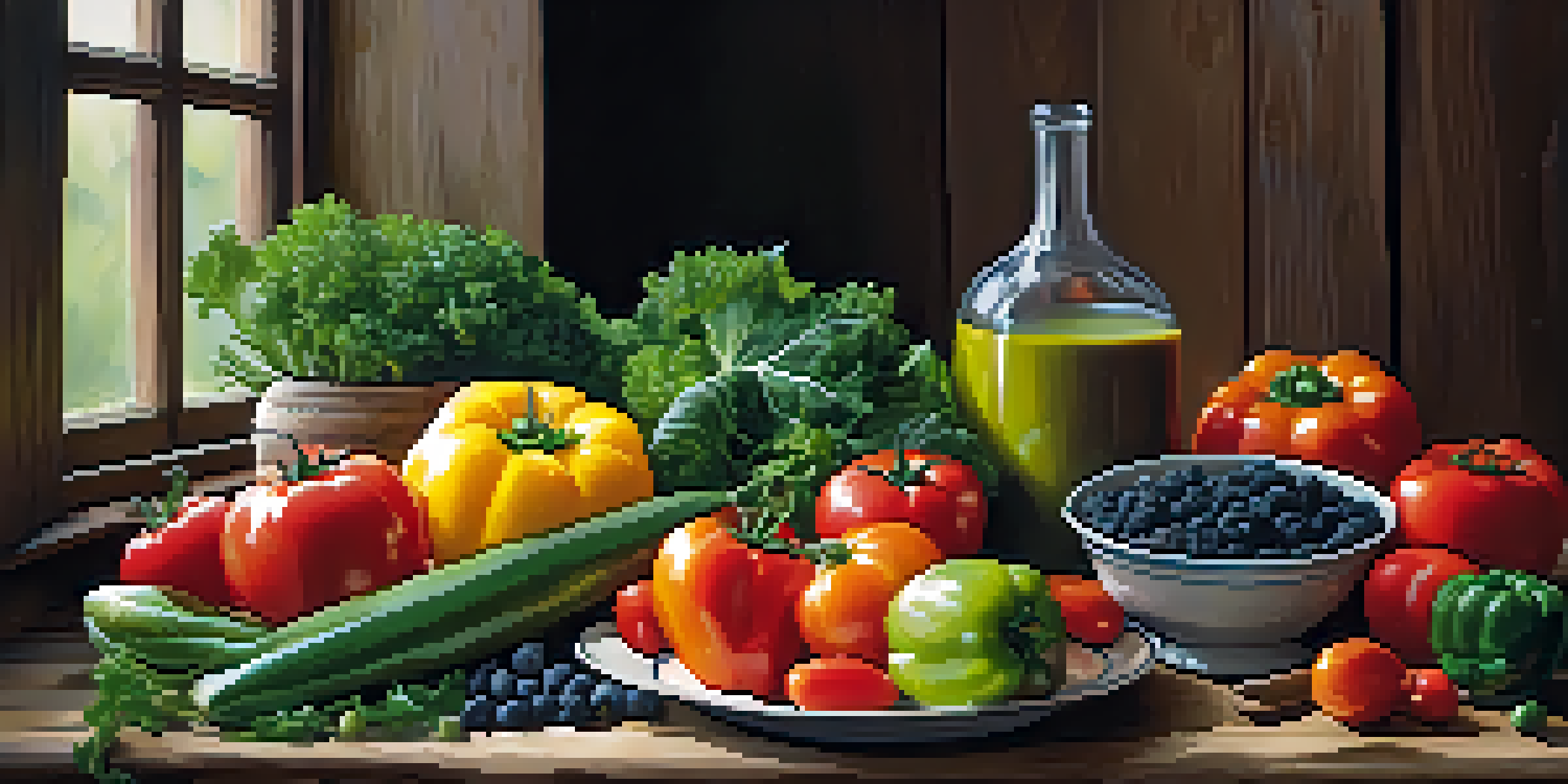 A plate featuring an assortment of colorful whole foods including tomatoes, kale, and bell peppers on a wooden table, illuminated by soft natural light.
