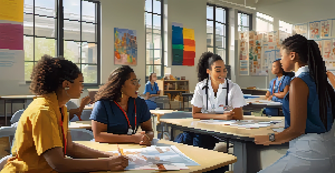 A group of diverse nursing students discussing in a classroom, surrounded by cultural artifacts.