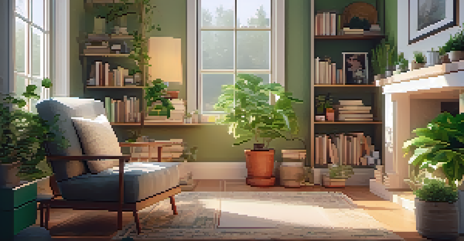 A cozy self-care corner with an armchair, tea, books, and a green plant, illuminated by warm light.