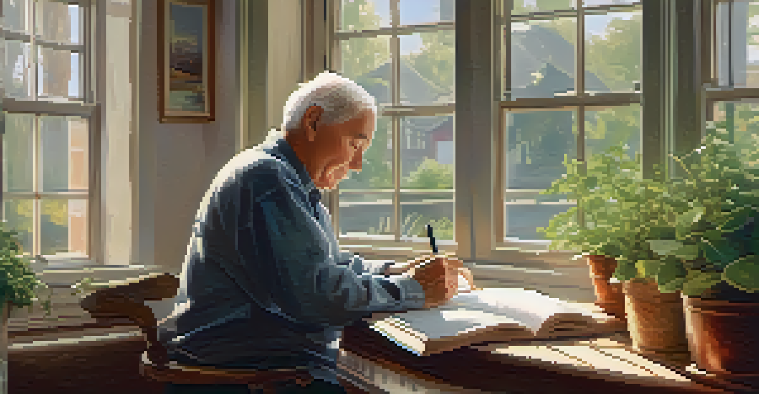 An older adult writing in a mindfulness journal by a window, with a cup of tea and a potted plant in the cozy setting.