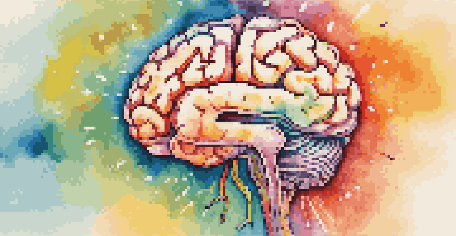 An artistic brain illustration radiating colors and light, symbolizing positive thoughts and affirmations.