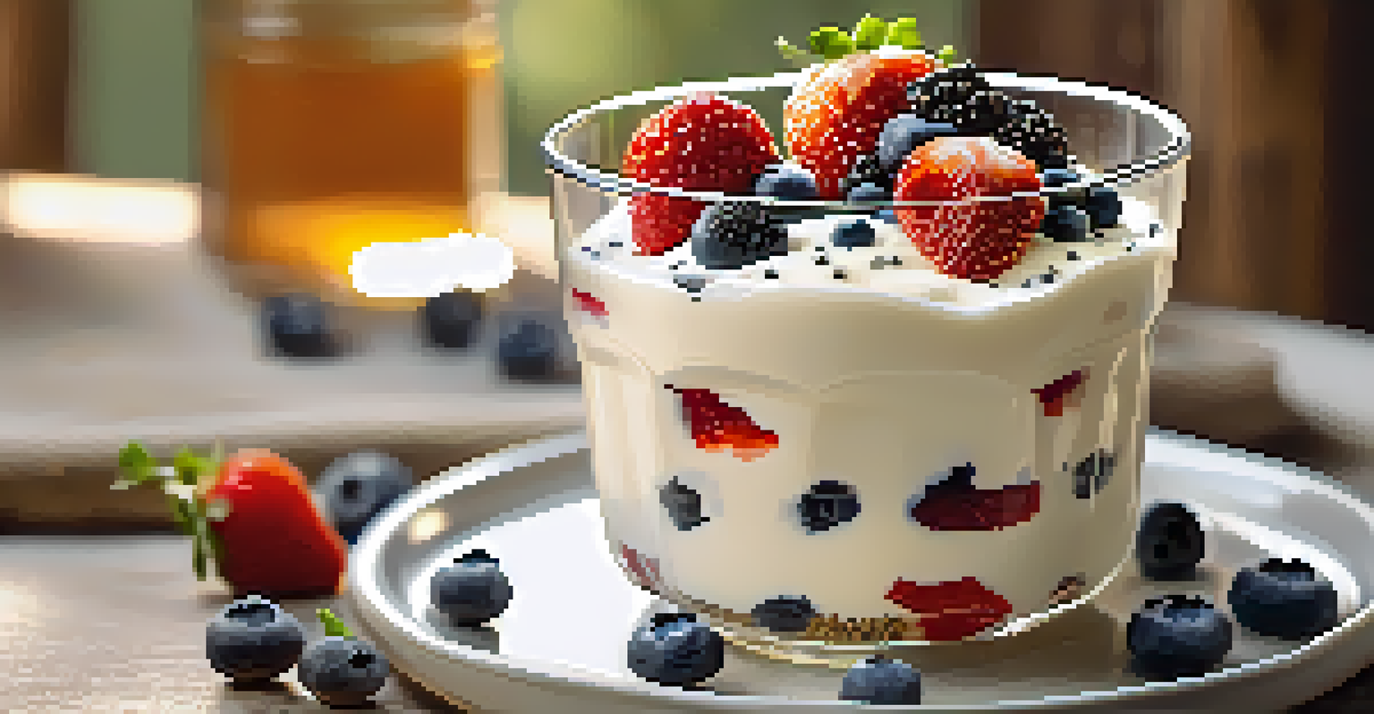 A close-up of a glass of yogurt topped with chia seeds, honey, and fresh berries, set in a warm, rustic kitchen.