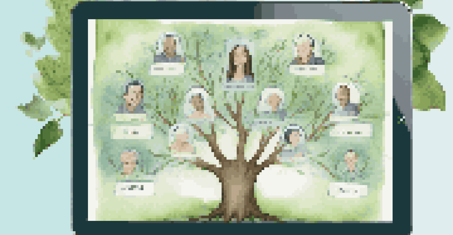 A digital family tree graphic on a tablet, illustrating health conditions and lifestyles of family members.