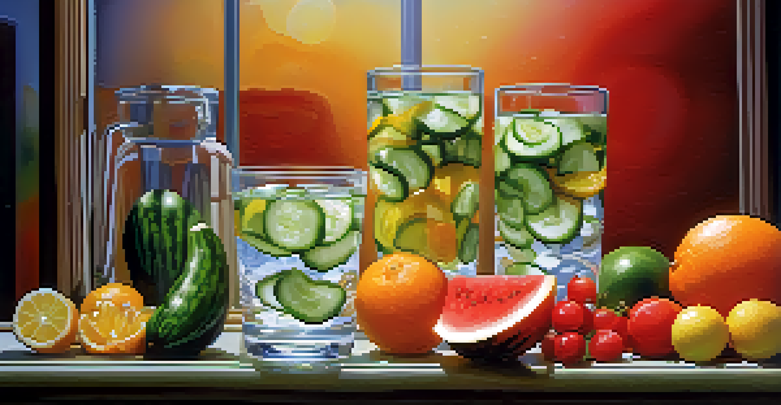 A clear glass of water with fresh fruits and vegetables, showcasing the importance of hydration for mental health, with water droplets on the glass.
