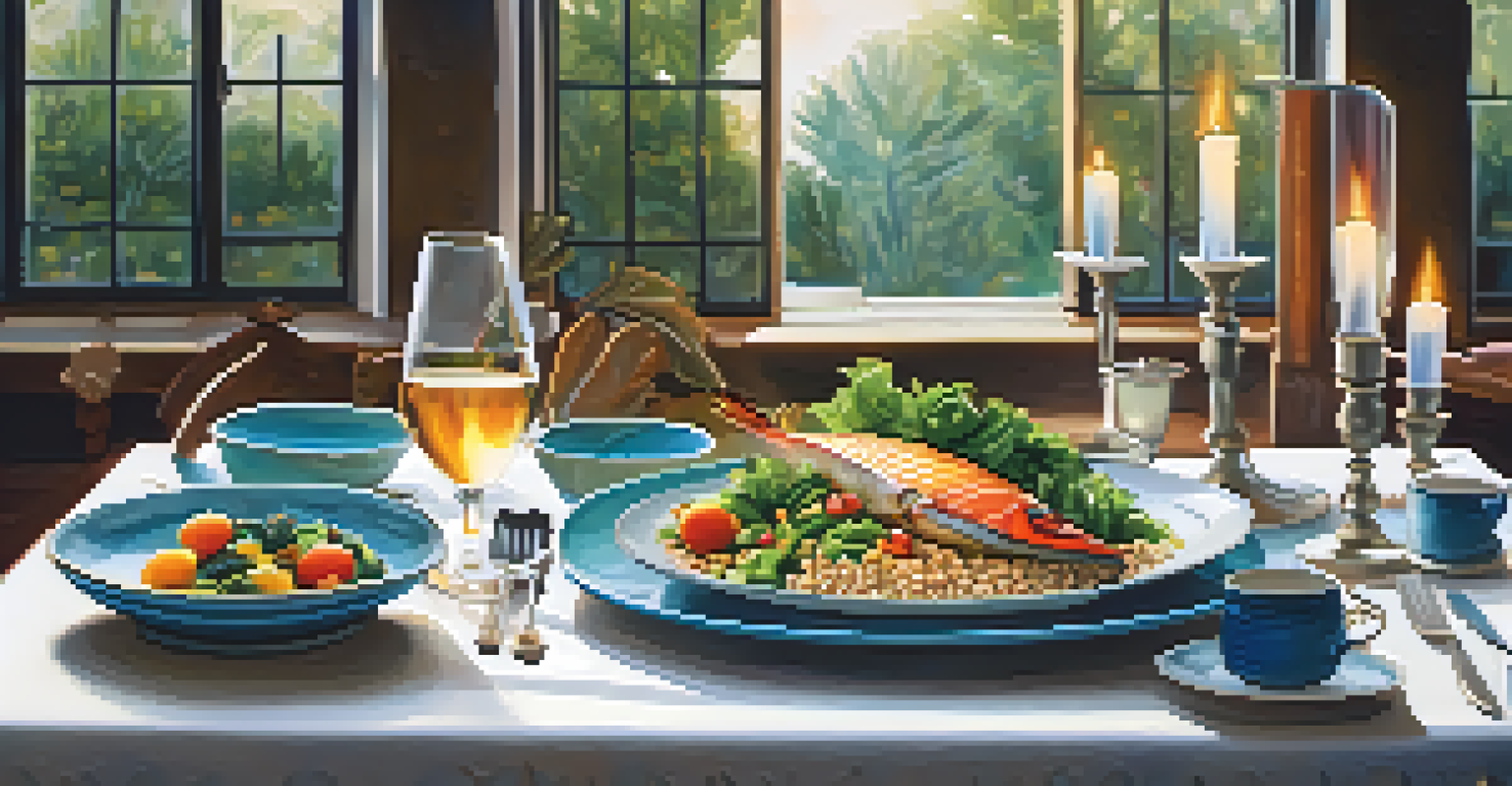A dining table beautifully set with colorful, nutritious dishes for a mindful eating experience.