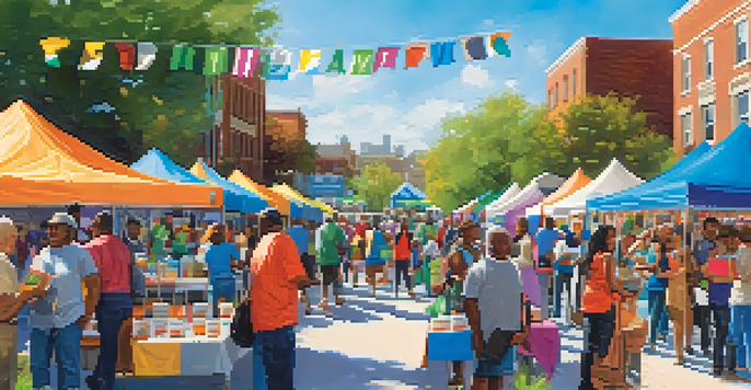 A lively health fair with diverse people engaging in activities, booths providing health information, and volunteers assisting under a clear blue sky.