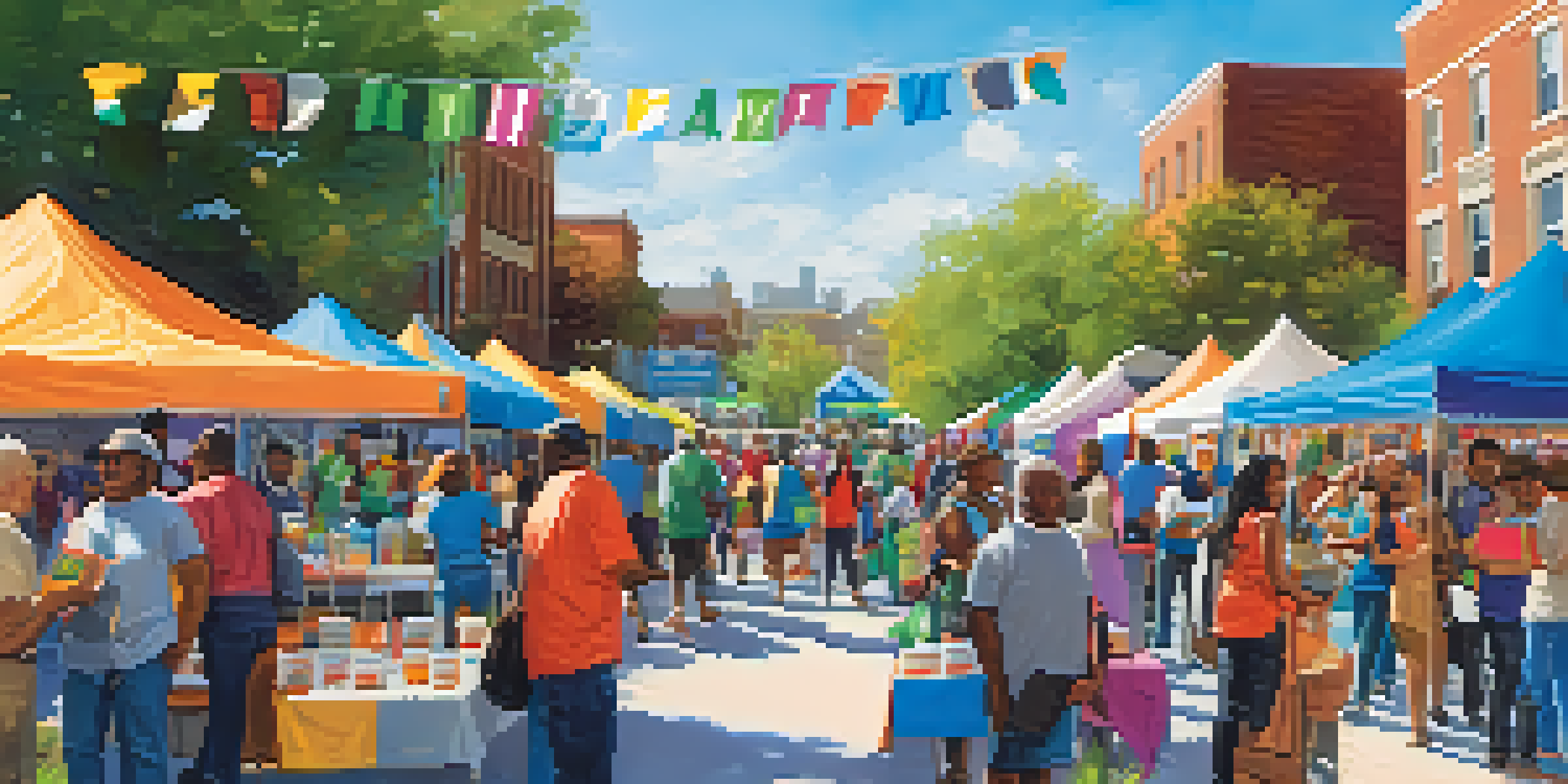 A lively health fair with diverse people engaging in activities, booths providing health information, and volunteers assisting under a clear blue sky.
