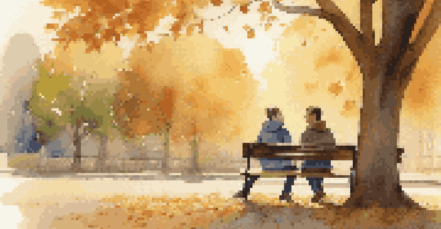A park scene with a trusted adult and a young person sitting on a bench, smiling and sharing a moment together.