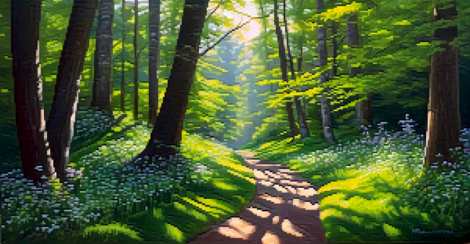 A peaceful forest scene with sunlight filtering through trees, a winding path, and a stream.