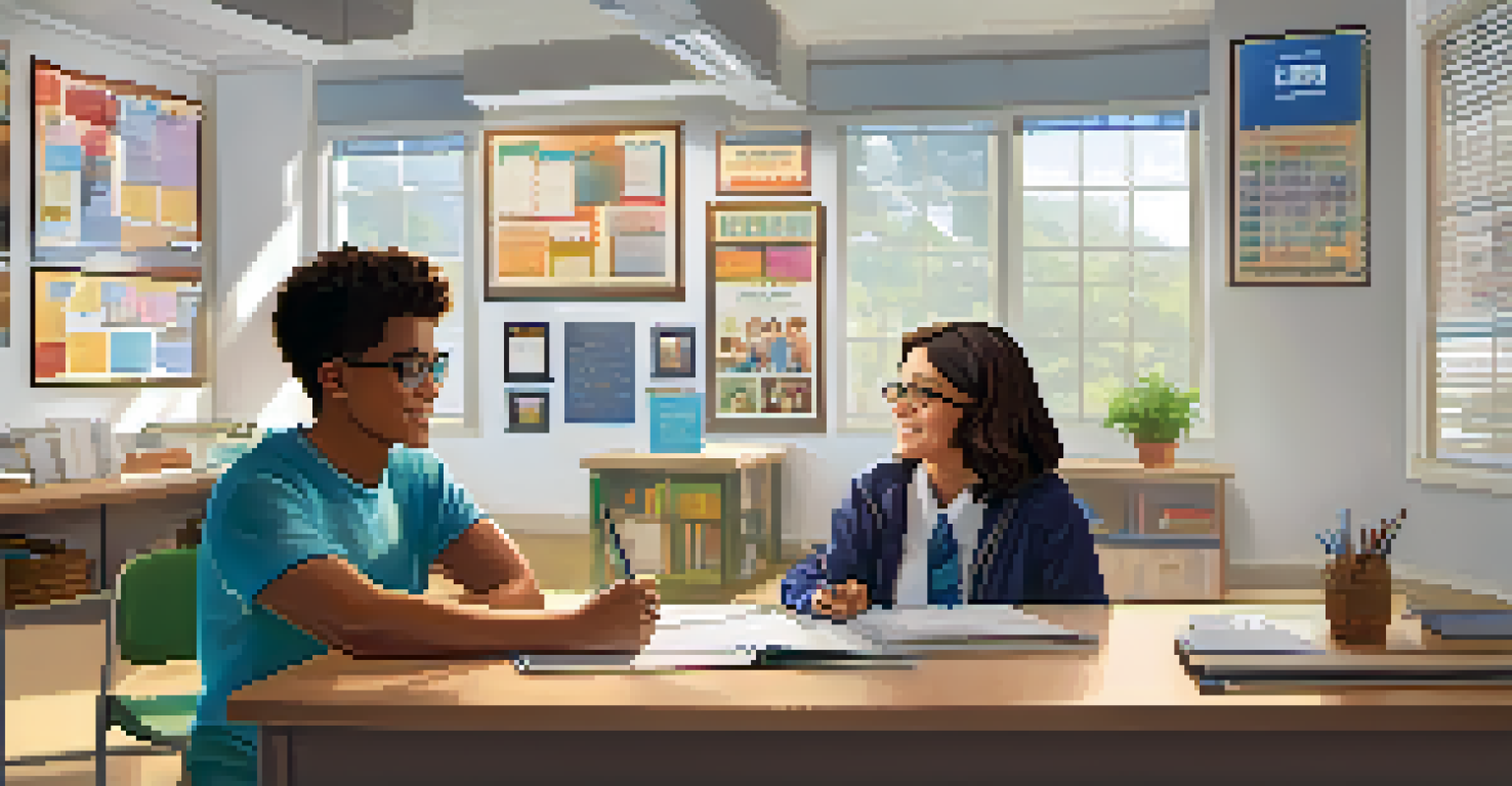 A school counselor guiding a student in a breathing exercise in a bright office filled with motivational posters.