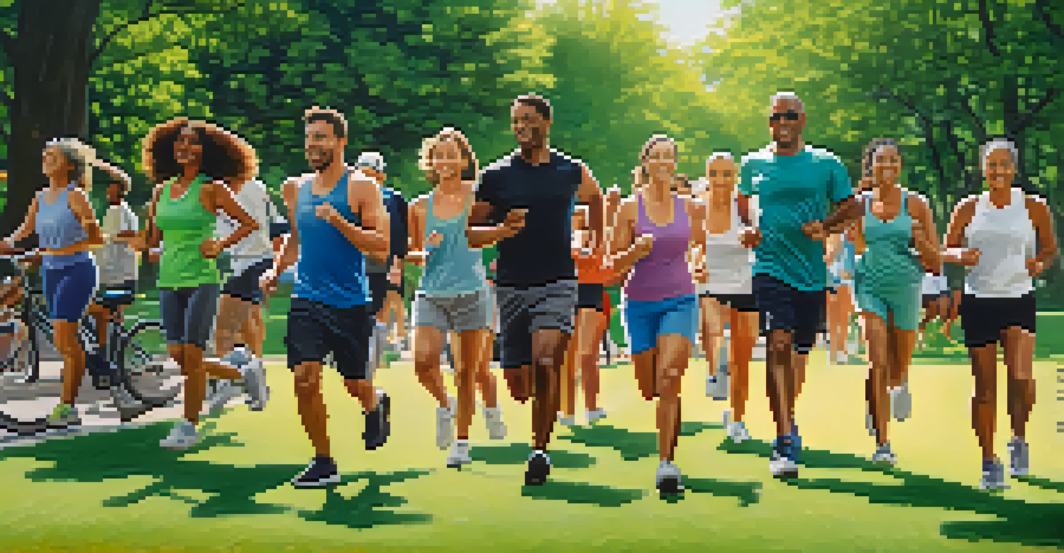 A diverse group of people exercising in a park, including jogging, cycling, and strength training under a sunny sky.
