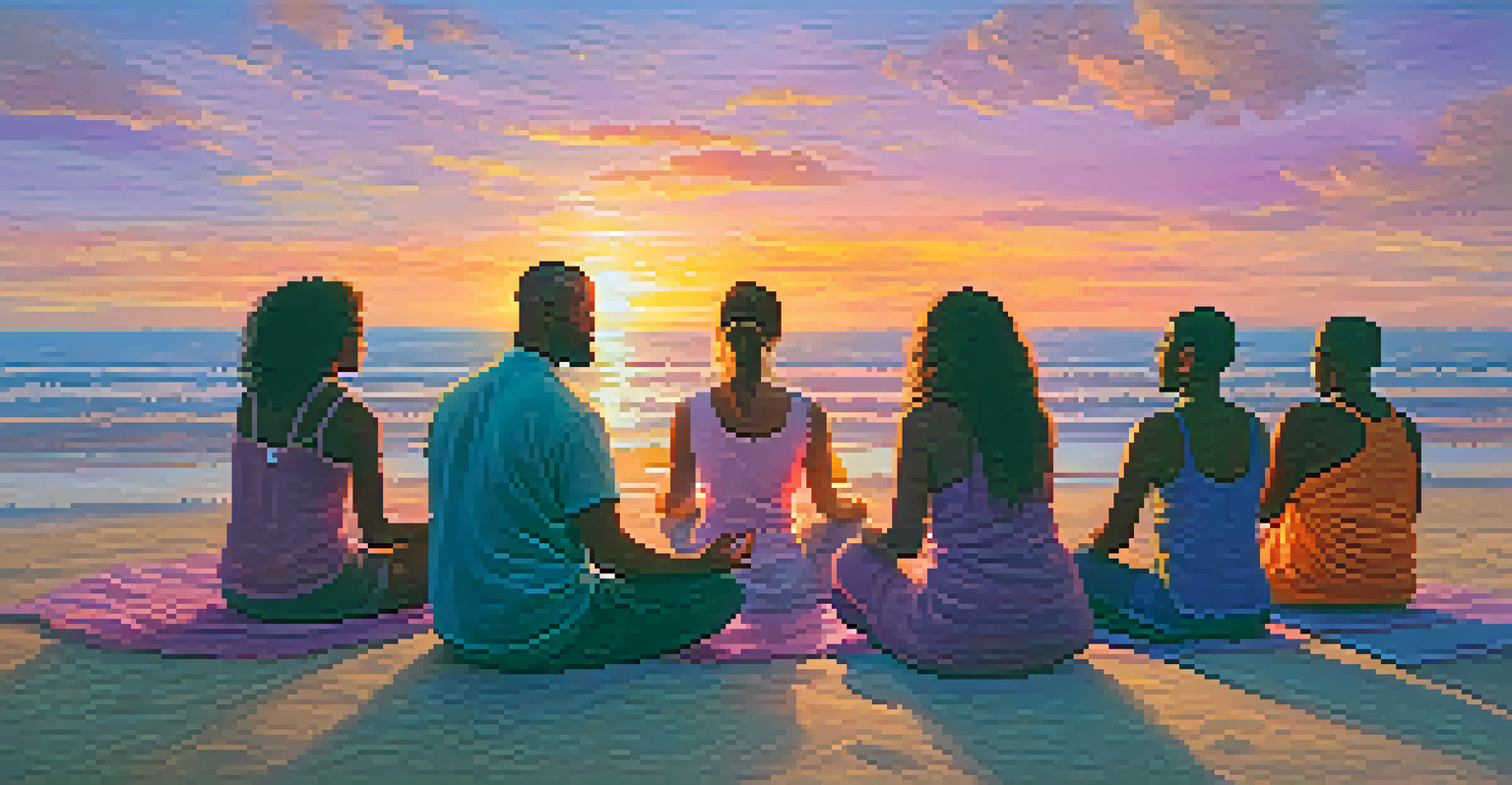 A diverse group of individuals meditating in a circle on a beach at sunset, with vibrant colors in the sky and calm water.