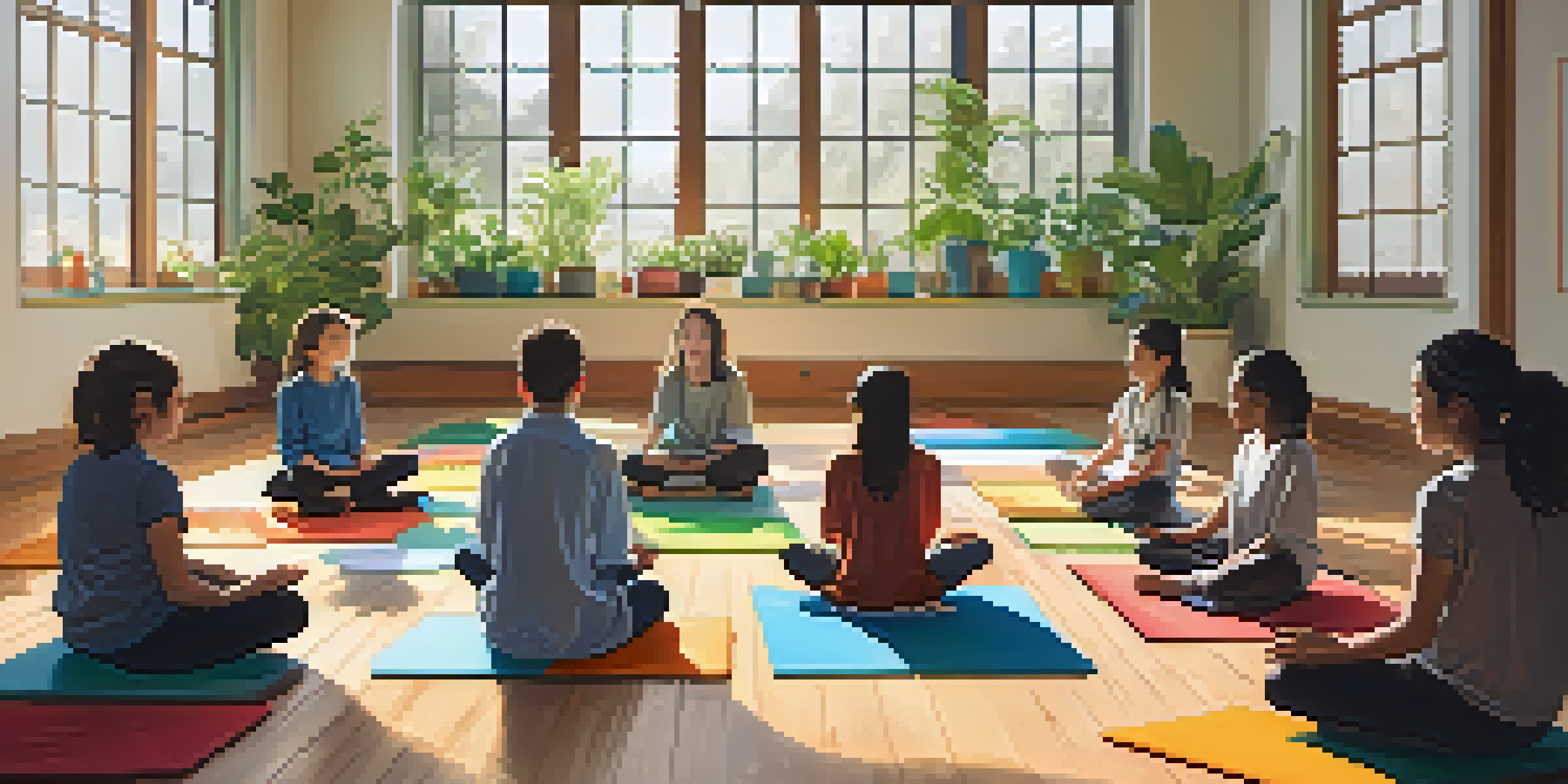 A classroom filled with students practicing mindfulness through meditation, with a teacher guiding them and natural light illuminating the space.