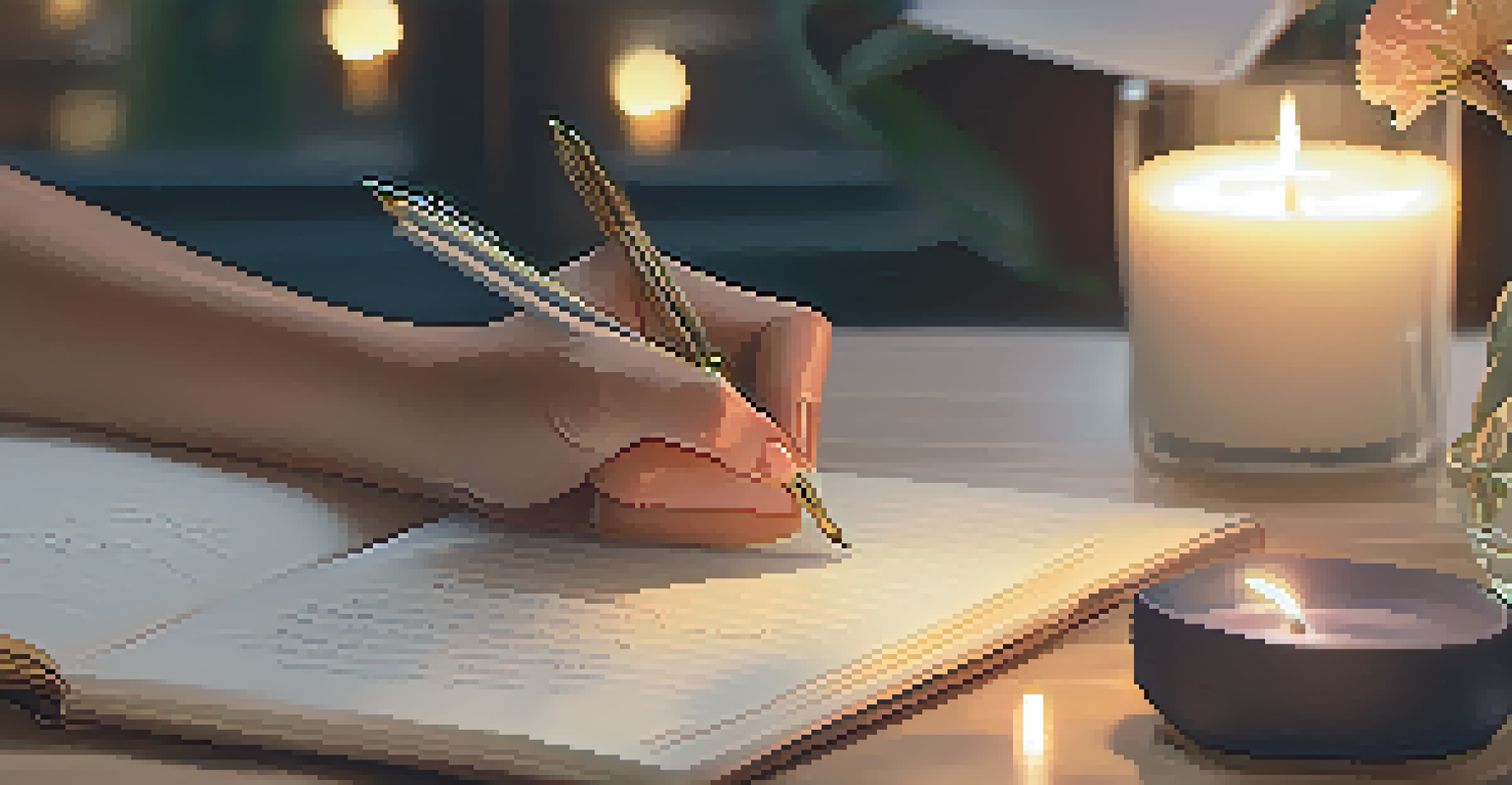A hand writing in a journal on a desk adorned with motivational quotes, a candle, and flowers, in a warm and peaceful setting.