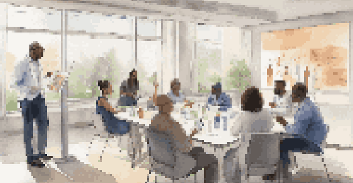 A diverse group of people attending a healthcare workshop, interacting with a provider using visual aids.