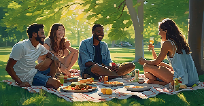 A group of diverse friends enjoying a picnic in a park during golden hour, with sunlight filtering through trees.