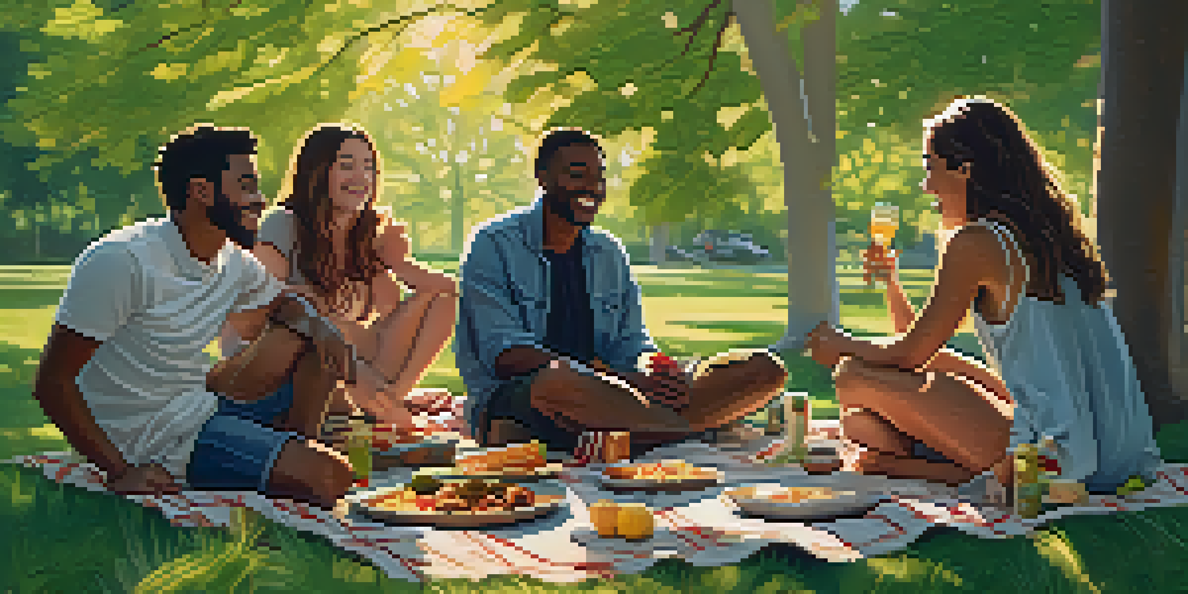 A group of diverse friends enjoying a picnic in a park during golden hour, with sunlight filtering through trees.