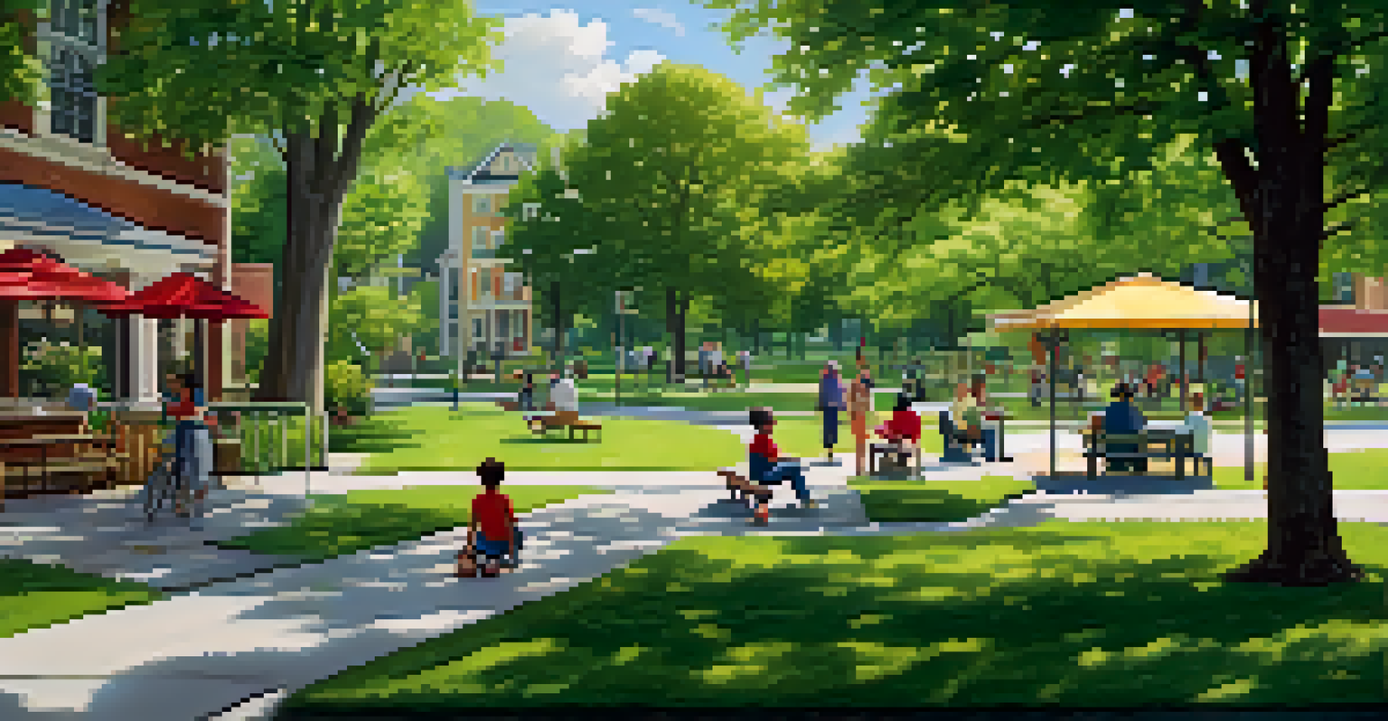 Families enjoying a sunny day in a neighborhood park with children playing and adults relaxing on benches.