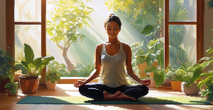 A person meditating on a yoga mat in a sunlit room filled with plants, exuding a peaceful and calm atmosphere.