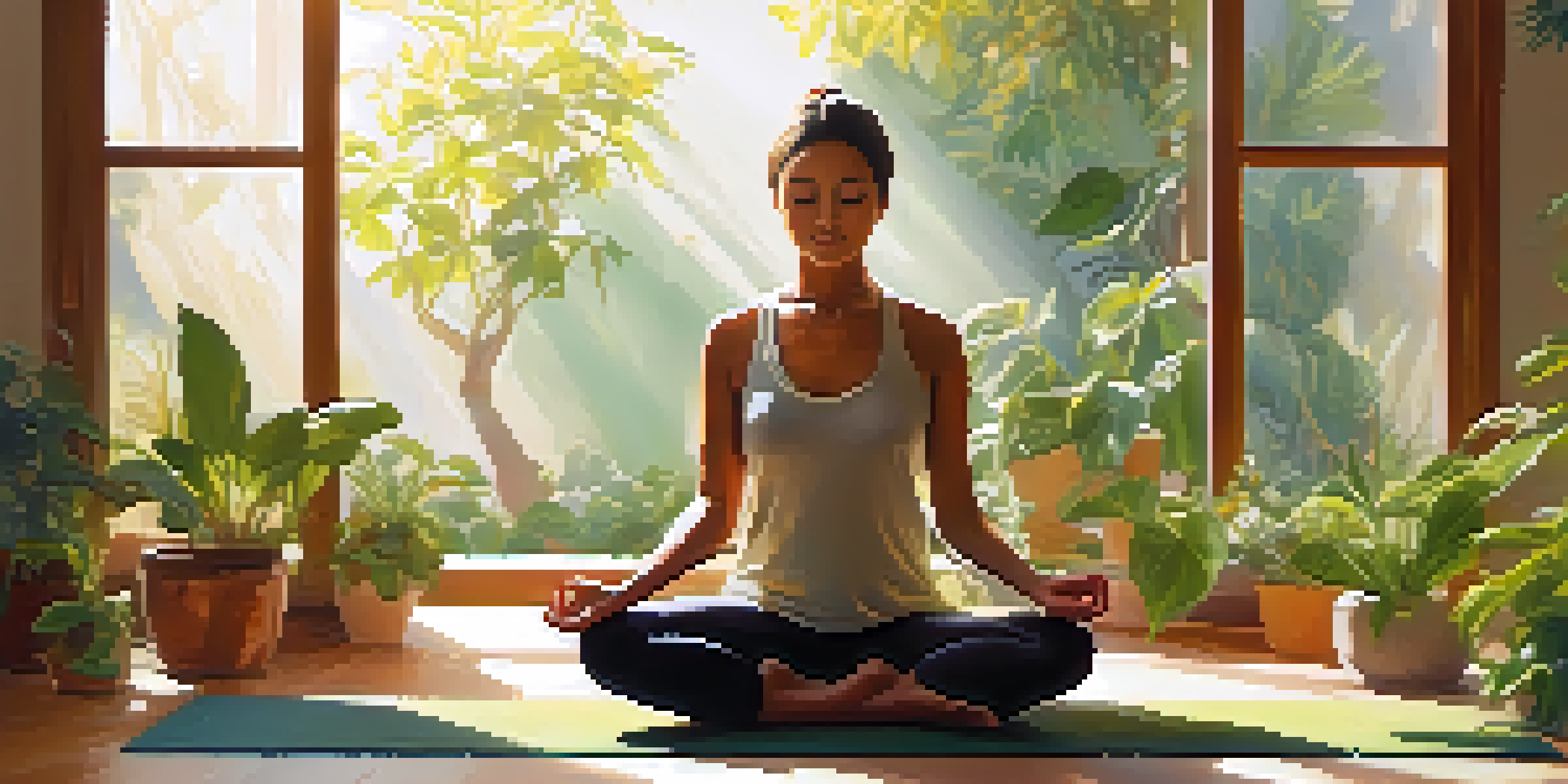 A person meditating on a yoga mat in a sunlit room filled with plants, exuding a peaceful and calm atmosphere.