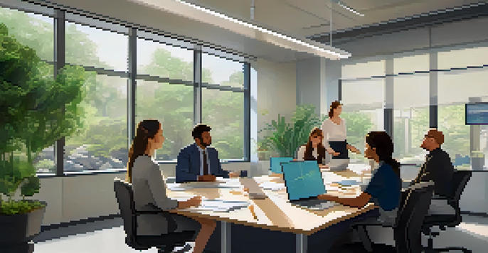 An office training session for crisis management with employees discussing around a table, charts on a screen, and natural light coming through the windows.