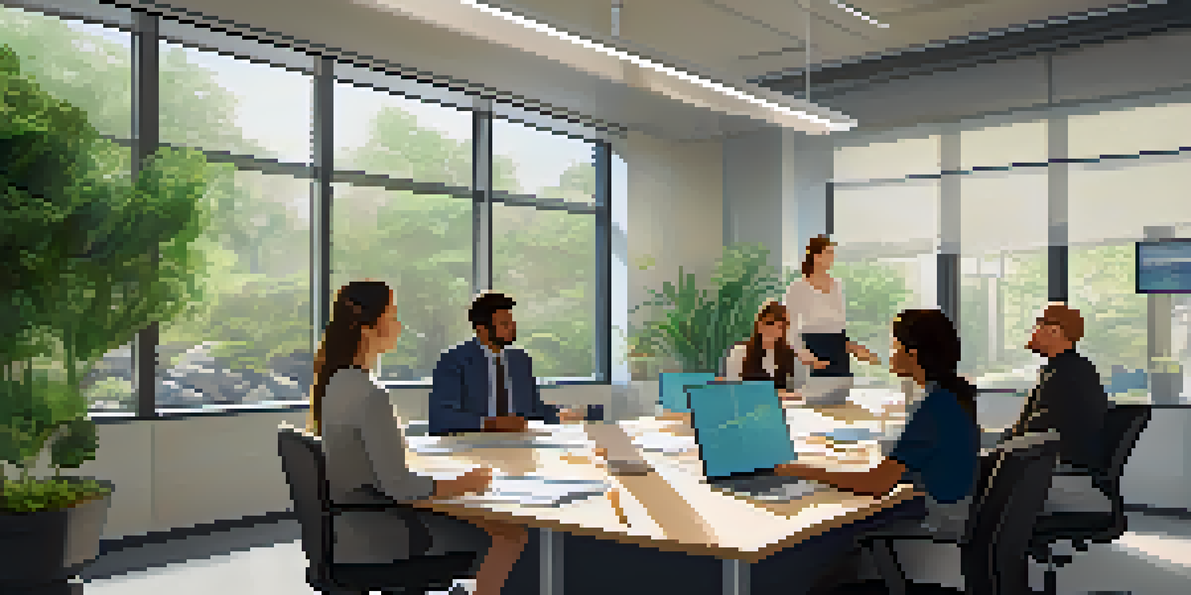 An office training session for crisis management with employees discussing around a table, charts on a screen, and natural light coming through the windows.