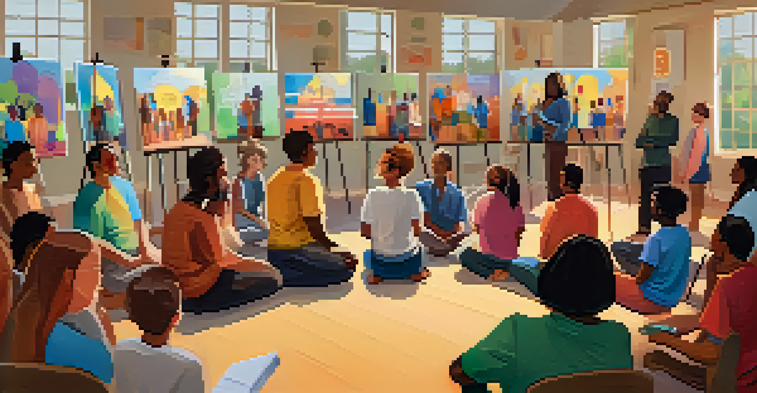 A community workshop on mental health awareness with participants sharing and listening in a supportive circle, colorful charts in the background.