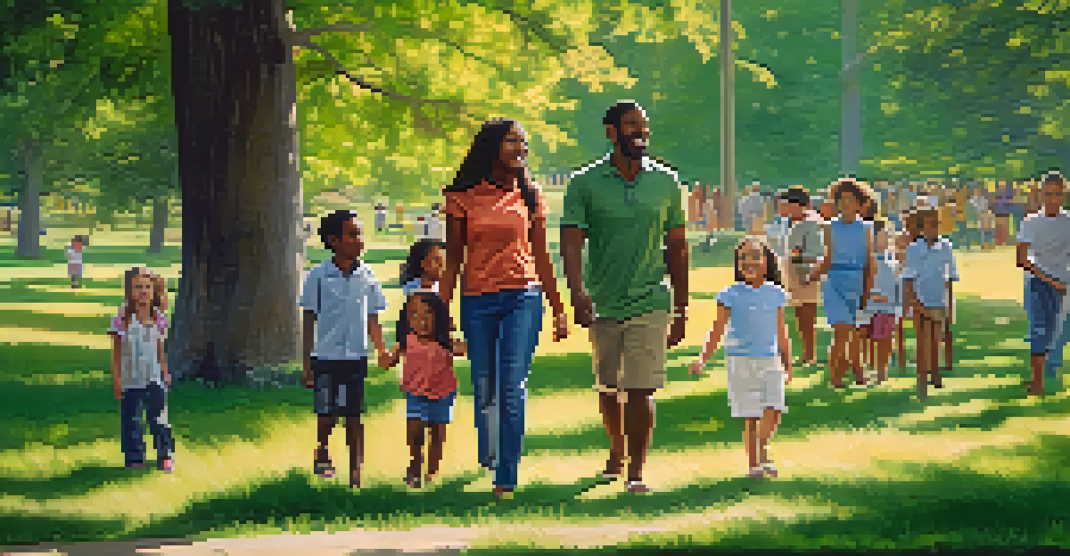 A diverse group of smiling people in a park, representing community health and herd immunity.