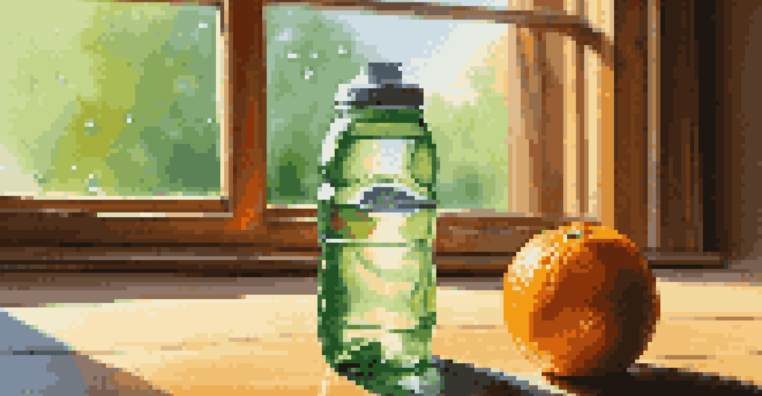 A close-up of a water bottle with sliced cucumber and orange on a wooden table, illuminated by sunlight.
