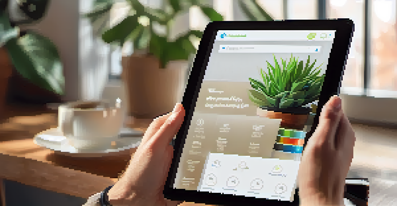 A close-up of a wellness coach's hands holding a tablet displaying a health tracking app in a cozy office with motivational decor.