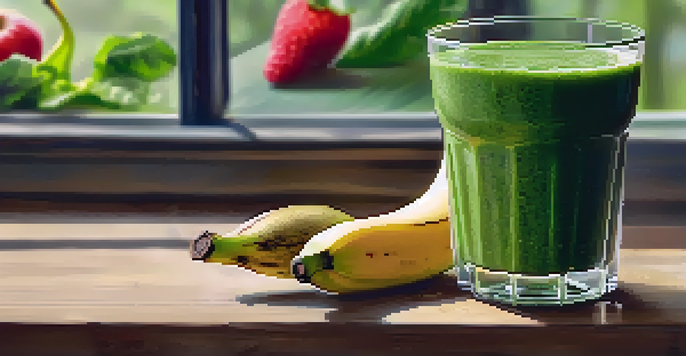 A clear glass filled with a green smoothie made of spinach and banana, surrounded by fresh fruits and greens on a wooden table.