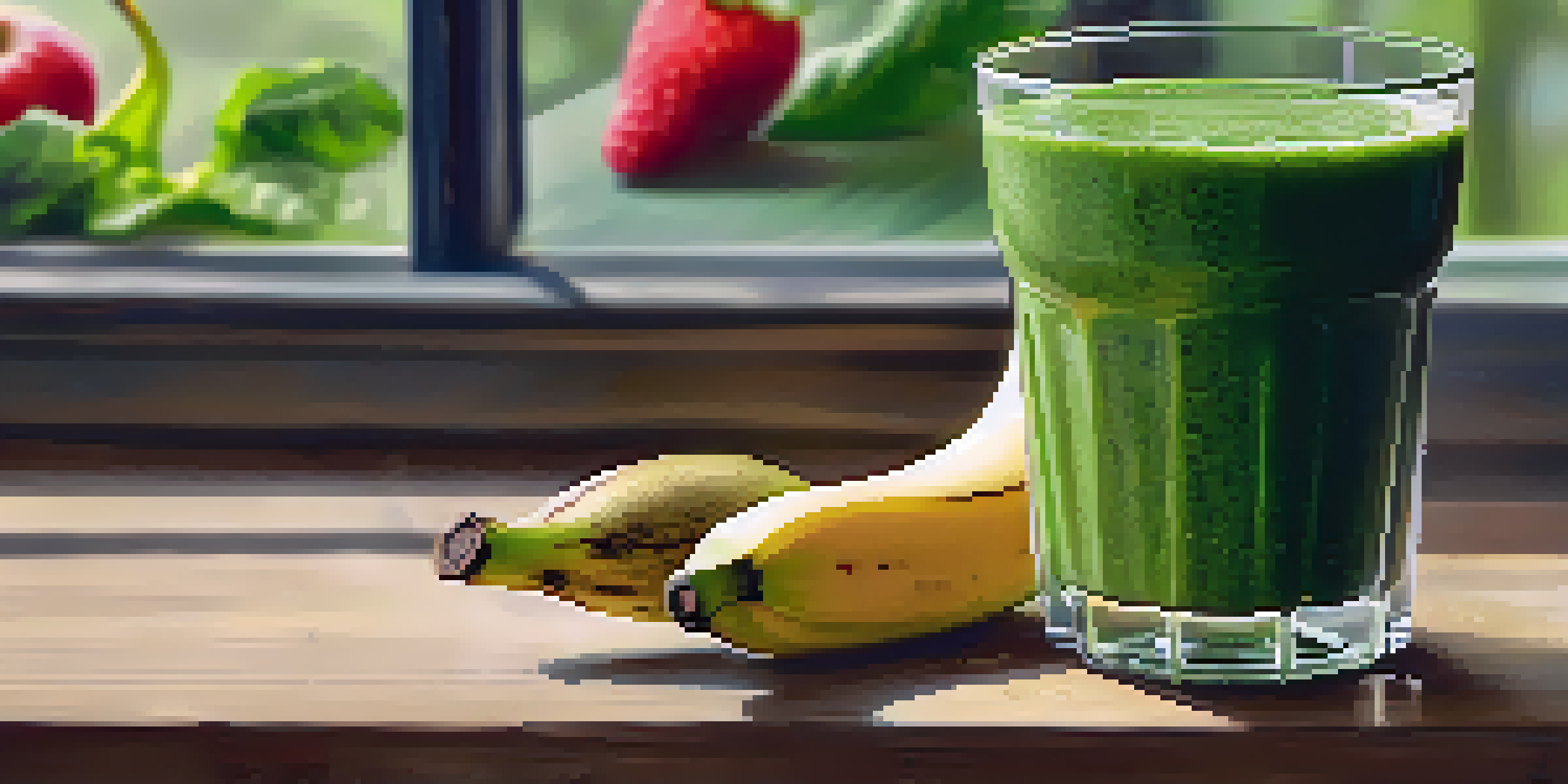 A clear glass filled with a green smoothie made of spinach and banana, surrounded by fresh fruits and greens on a wooden table.