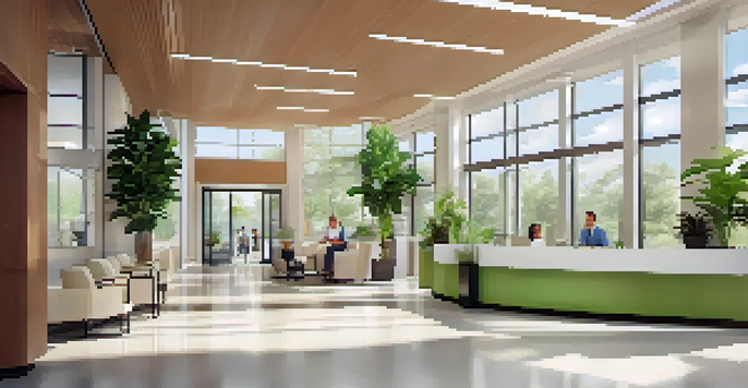 A welcoming healthcare clinic reception area with natural lighting and green plants, featuring a friendly receptionist.