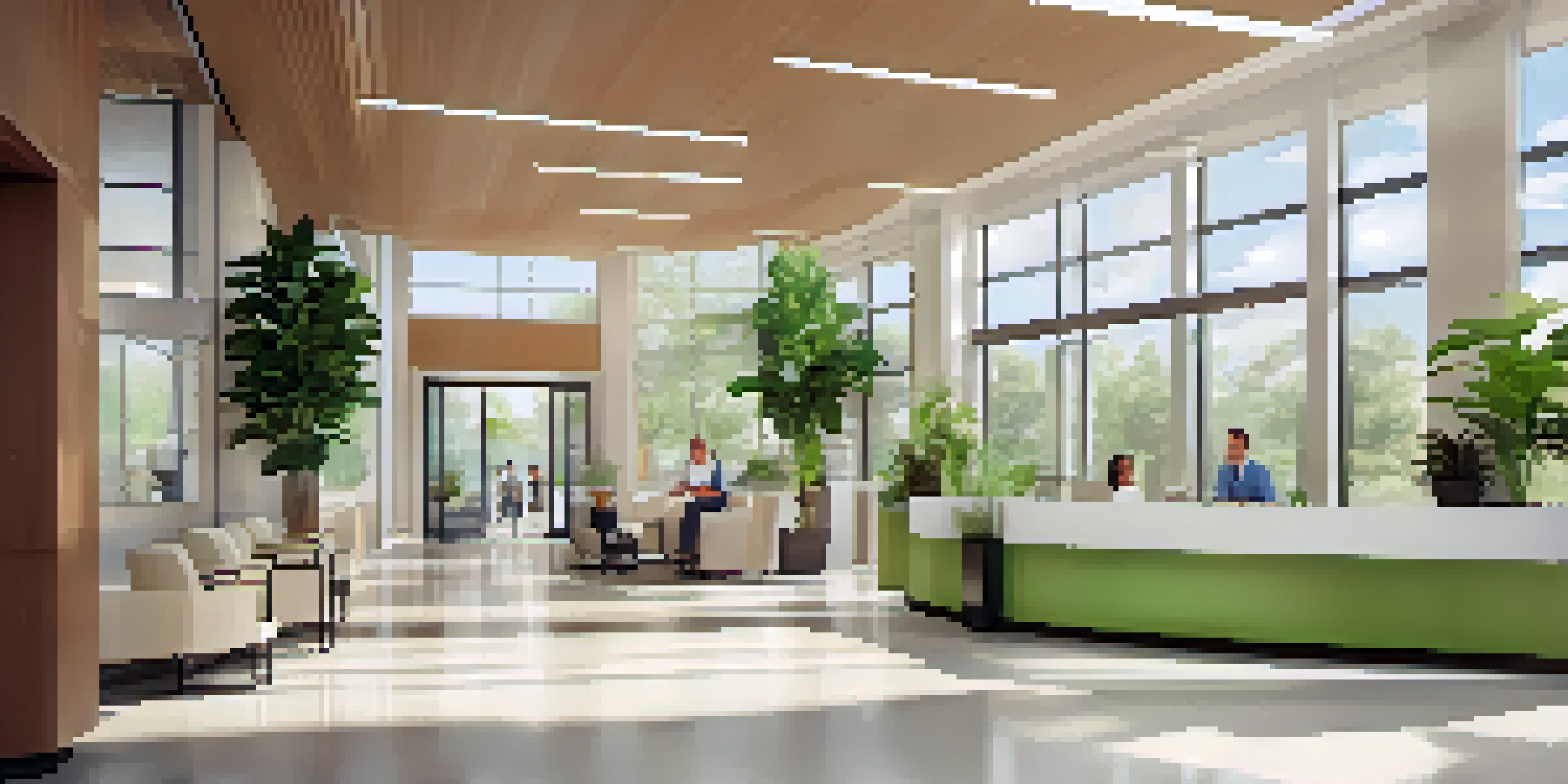 A welcoming healthcare clinic reception area with natural lighting and green plants, featuring a friendly receptionist.