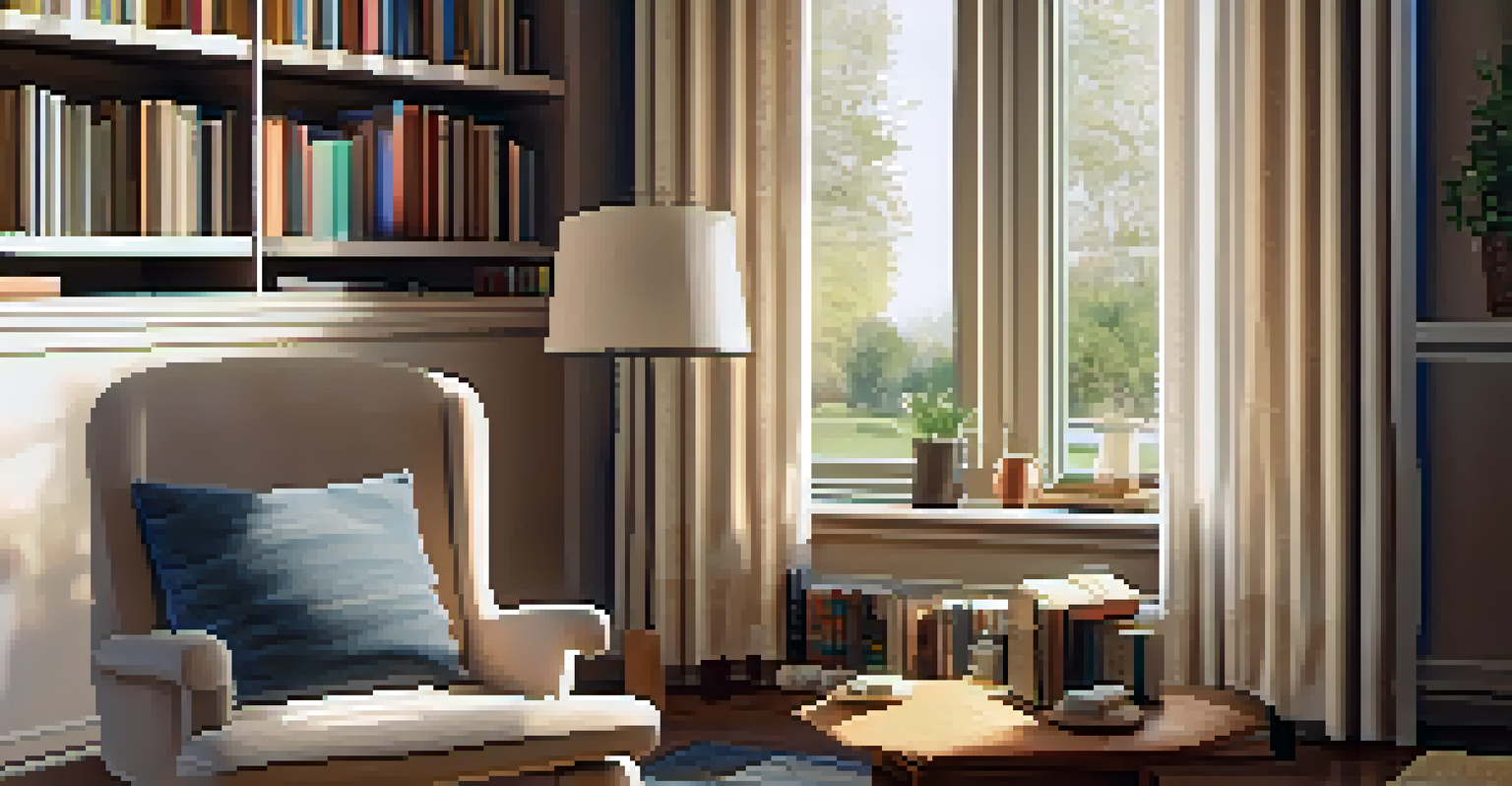A cozy living room with an armchair, bookshelf, and soft natural light coming through a window.