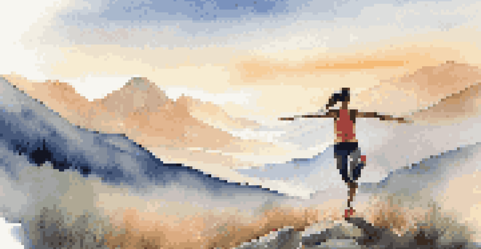 An athlete stretching outdoors at sunrise with mountains in the background, symbolizing fitness and nutrition.