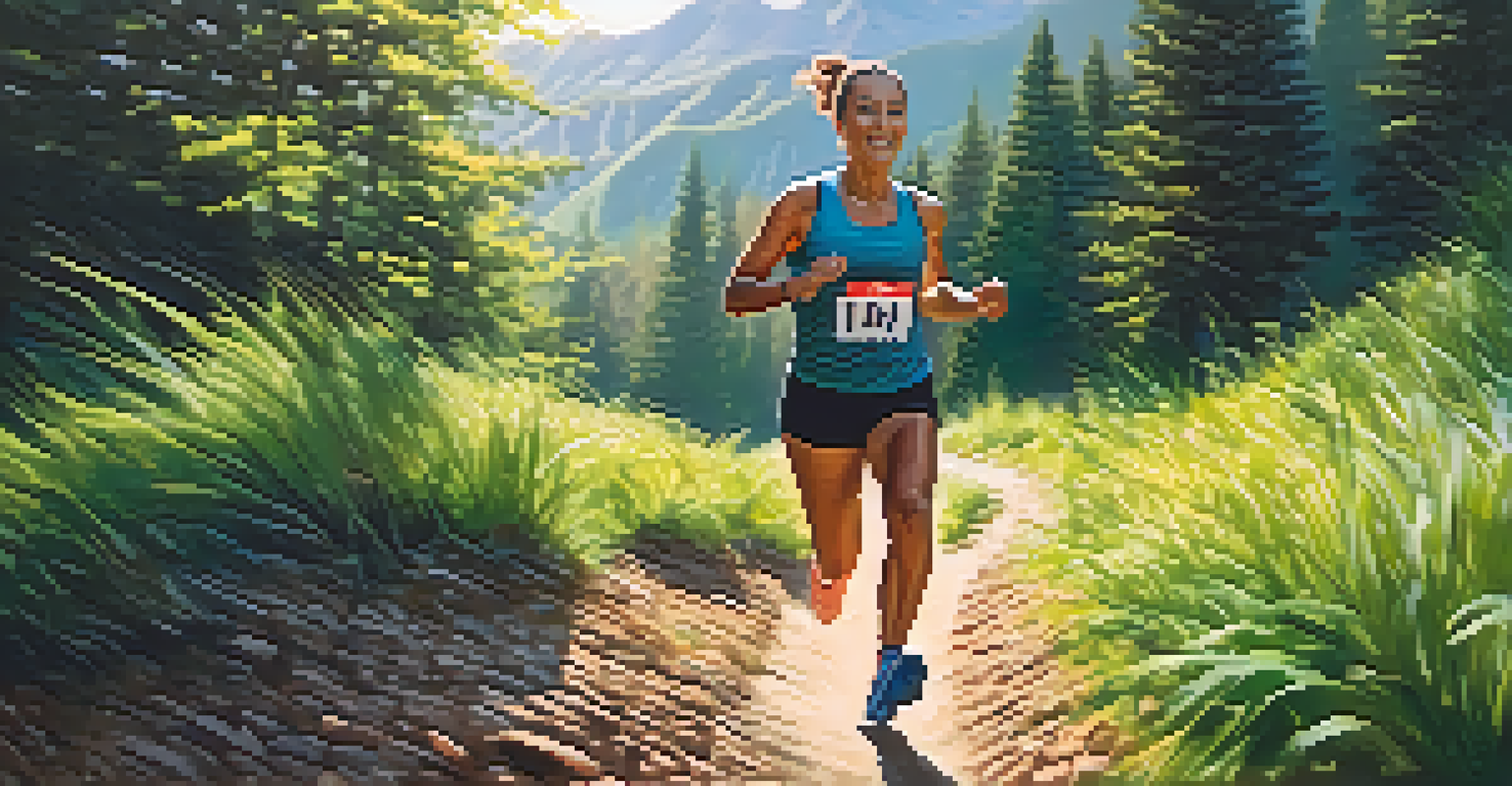 An athlete running on a scenic trail, surrounded by greenery and mountains, capturing the essence of outdoor fitness.