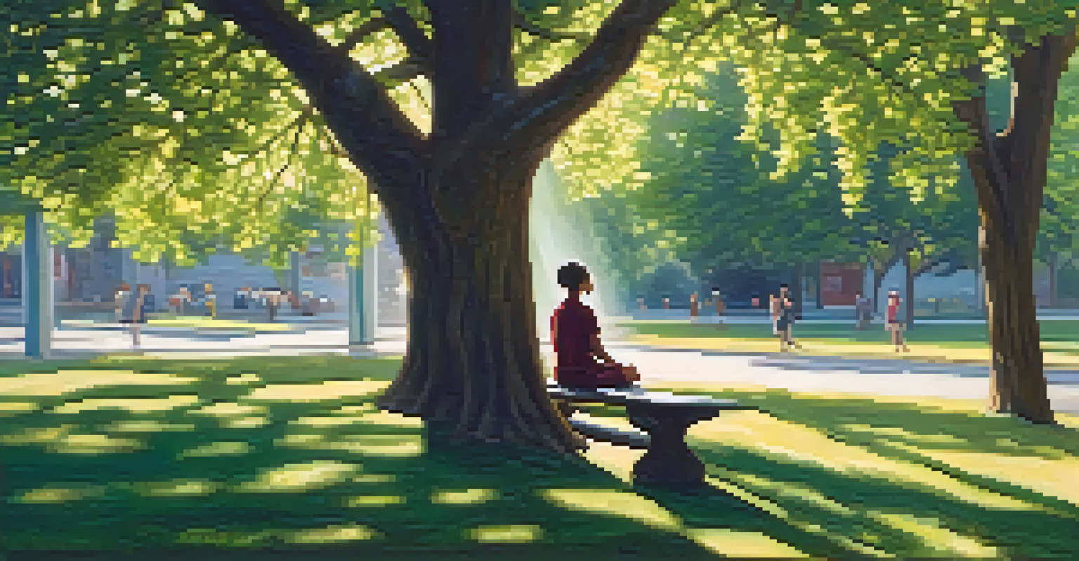 A person sitting on a park bench practicing mindfulness, surrounded by trees and flowers, with sunlight filtering through the leaves.
